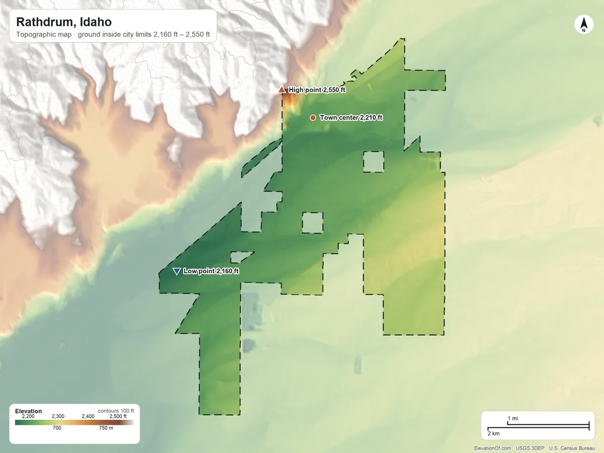 Topographic elevation map of Rathdrum, Idaho, shaded from 2,160 ft on the southwest side to 2,550 ft on the northwest edge, below higher ground just outside