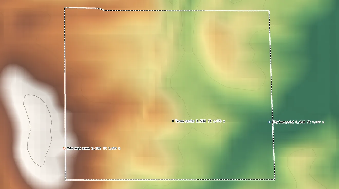 Topographic elevation map of Reubens, Idaho, shaded from 3,490 ft on the east side to 3,590 ft on the west side