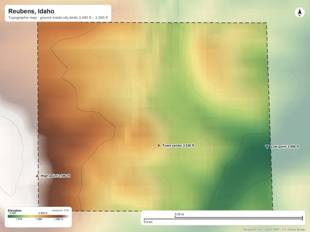 Topographic elevation map of Reubens, Idaho, shaded from 3,490 ft on the east side to 3,590 ft on the west side