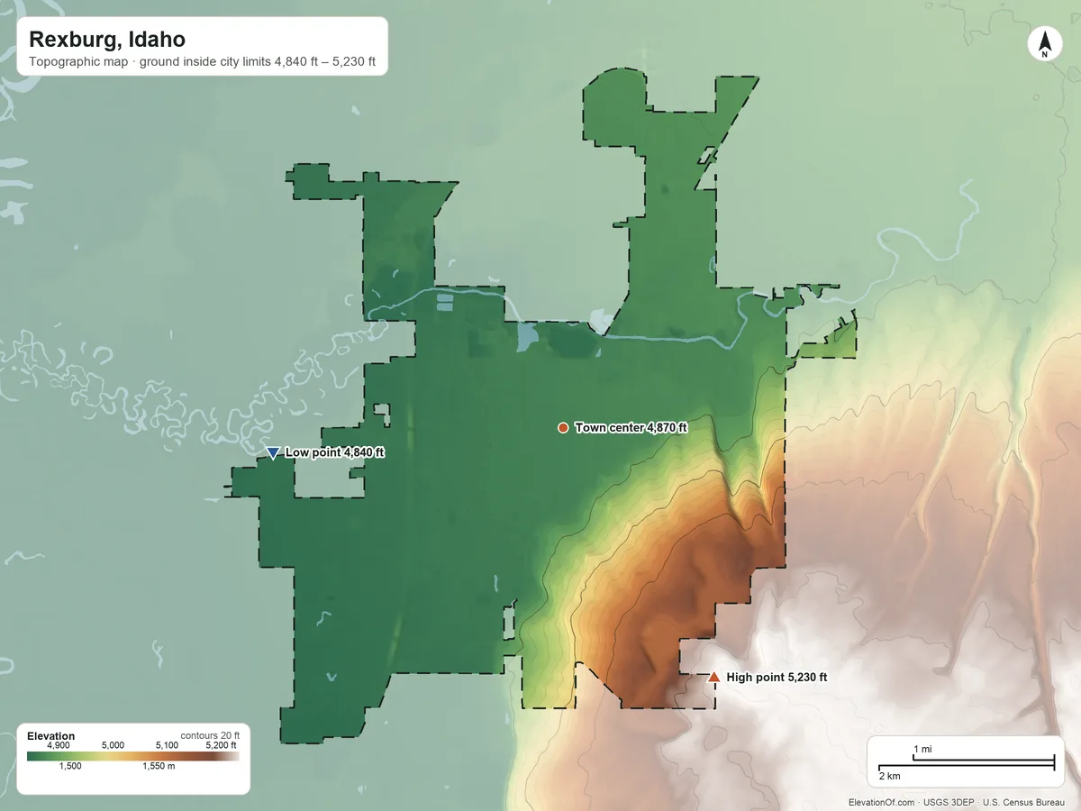 Topographic elevation map of Rexburg, Idaho, shaded from 4,840 ft on the west side to 5,230 ft on the southeast side