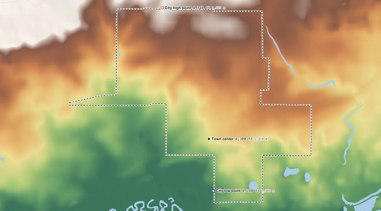 Topographic elevation map of Richfield, Idaho, shaded from 4,280 ft on the south side to 4,340 ft on the north side