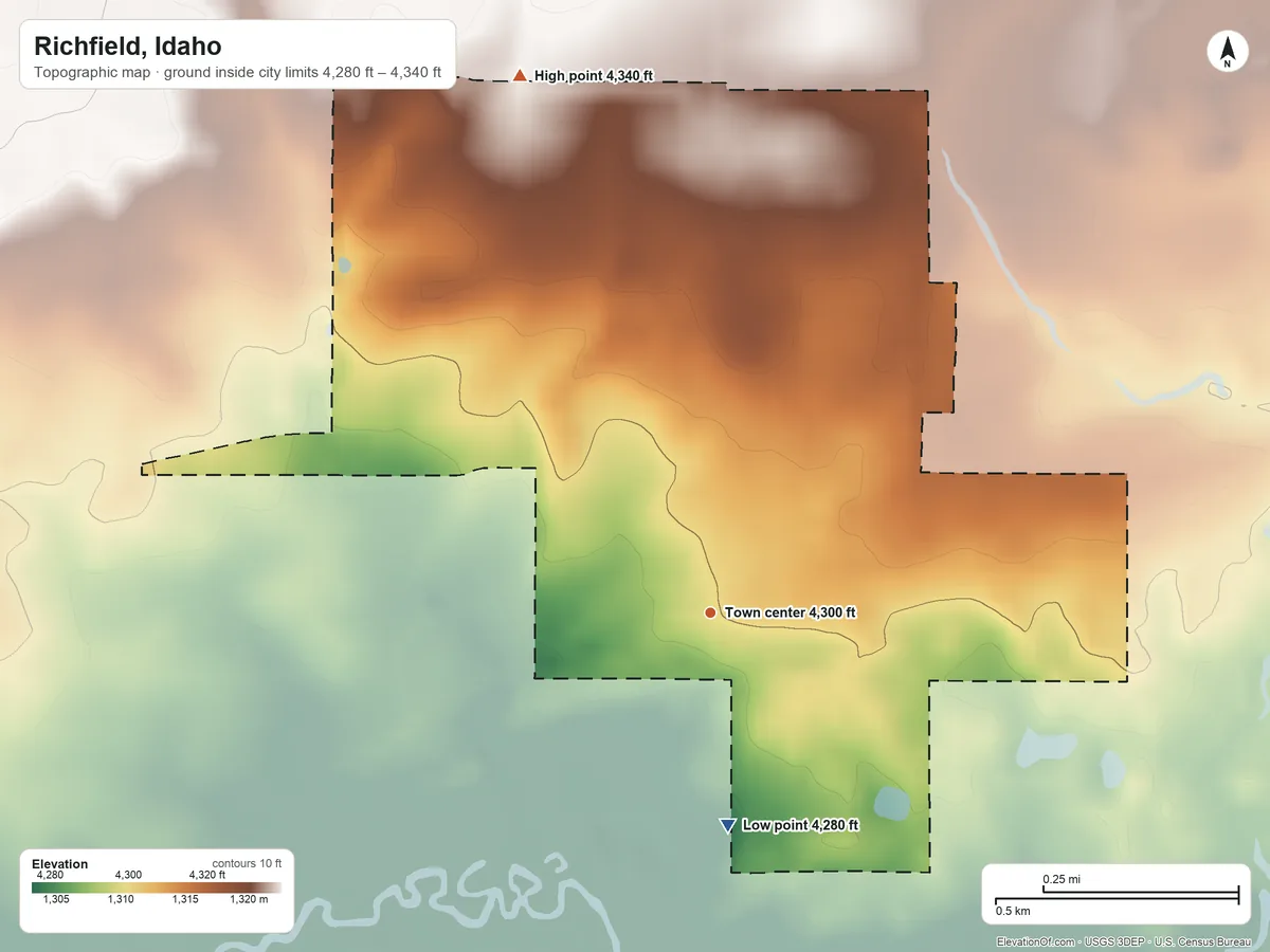 Topographic elevation map of Richfield, Idaho, shaded from 4,280 ft on the south side to 4,340 ft on the north side