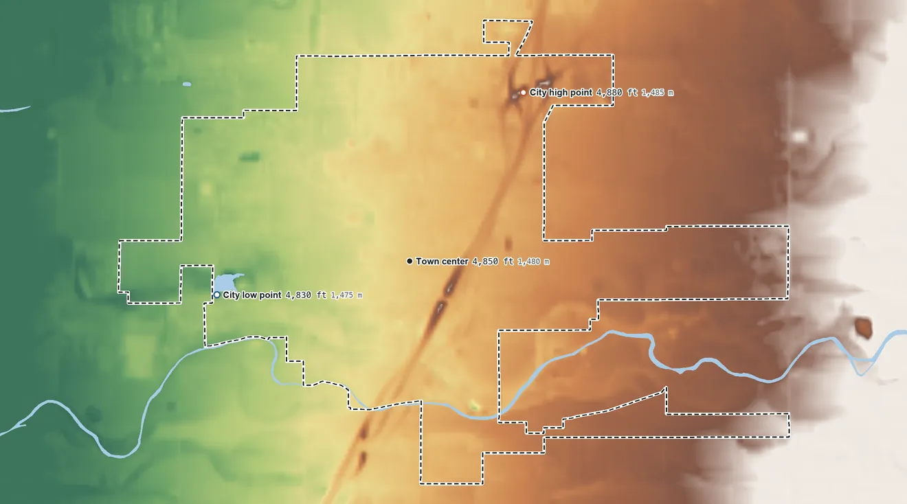 Topographic elevation map of Rigby, Idaho, shaded from 4,830 ft on the west side to 4,880 ft on the northeast side