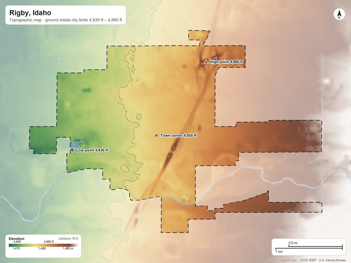 Topographic elevation map of Rigby, Idaho, shaded from 4,830 ft on the west side to 4,880 ft on the northeast side