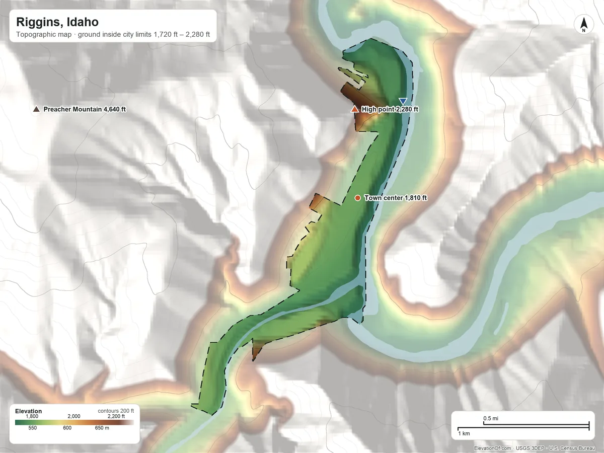 Topographic elevation map of Riggins, Idaho, shaded from 1,720 ft on the northeast side to 2,280 ft at the foot of the Cold Springs Mountains