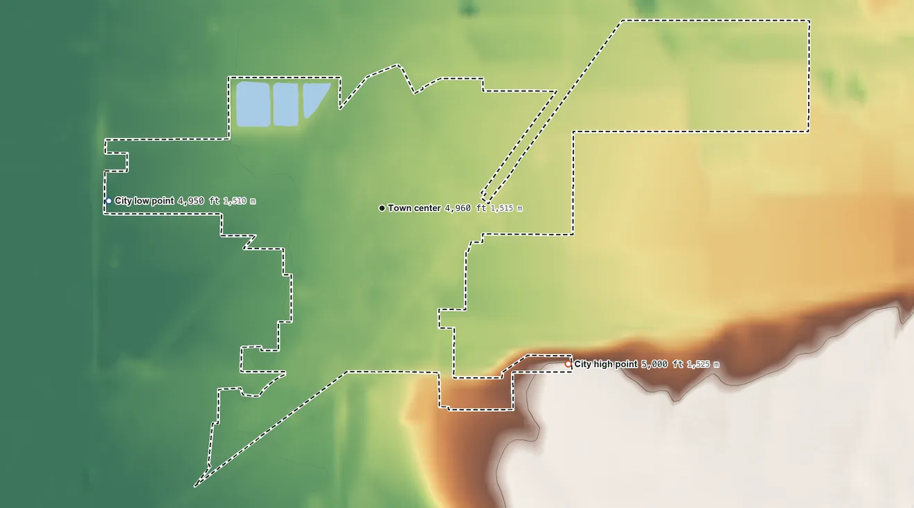 Topographic elevation map of Ririe, Idaho, shaded from 4,950 ft on the west side to 5,000 ft on the southeast side