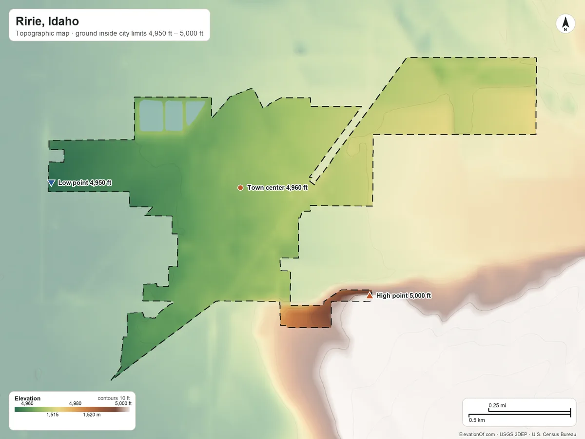 Topographic elevation map of Ririe, Idaho, shaded from 4,950 ft on the west side to 5,000 ft on the southeast side