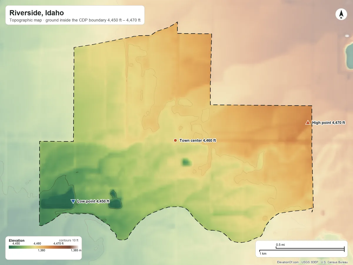 Topographic elevation map of Riverside, Idaho, shaded from 4,450 ft on the southwest side to 4,470 ft on the east side