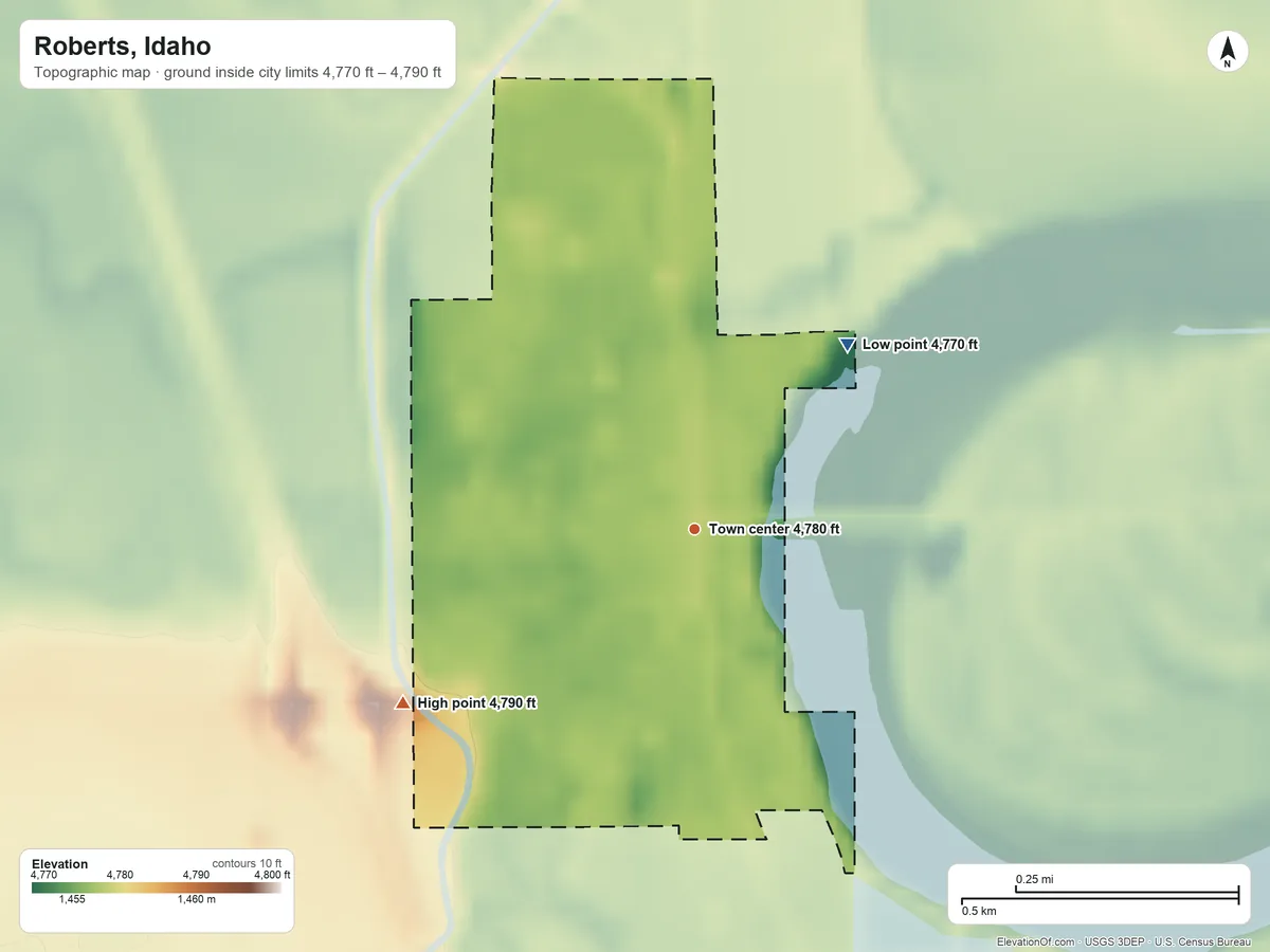 Topographic elevation map of Roberts, Idaho, shaded from 4,770 ft on the northeast side to 4,790 ft on the southwest side