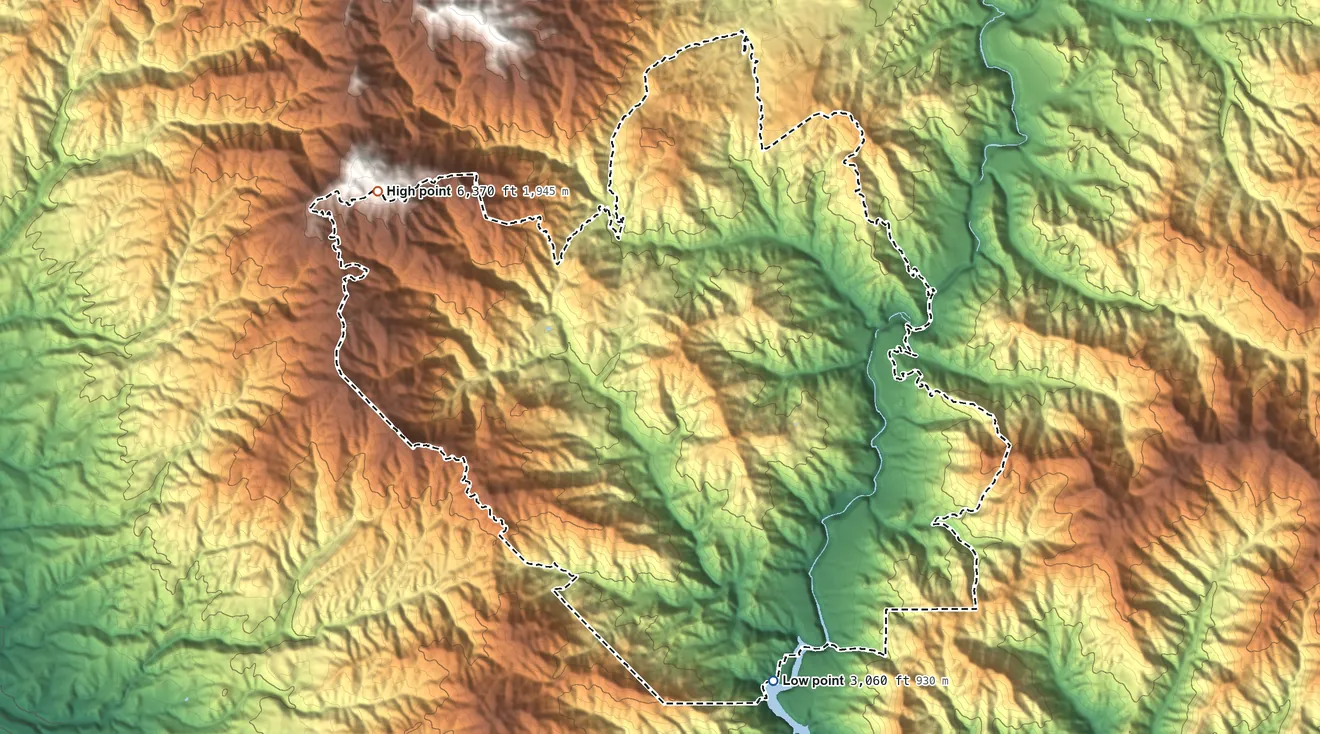 Topographic elevation map of Robie Creek, Idaho, shaded from 3,060 ft on the south side to 6,370 ft on the northwest side