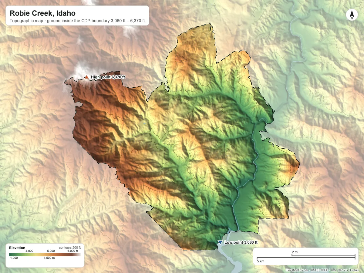 Topographic elevation map of Robie Creek, Idaho, shaded from 3,060 ft on the south side to 6,370 ft on the northwest side