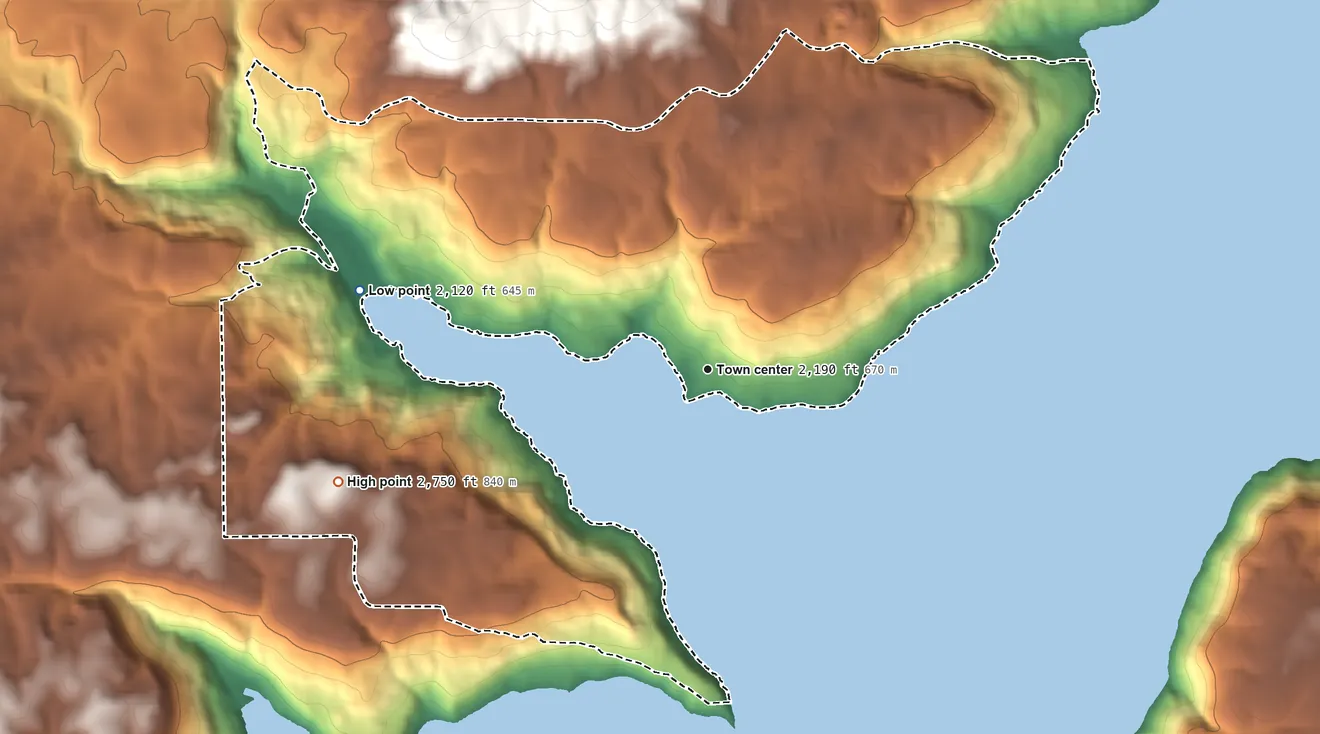 Topographic elevation map of Rockford Bay, Idaho, shaded from 2,120 ft on the west side to 2,750 ft on the west side