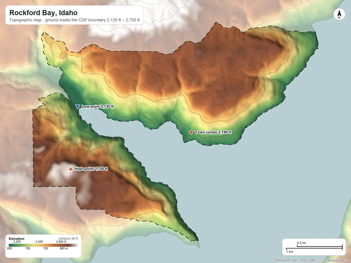 Topographic elevation map of Rockford Bay, Idaho, shaded from 2,120 ft on the west side to 2,750 ft on the west side