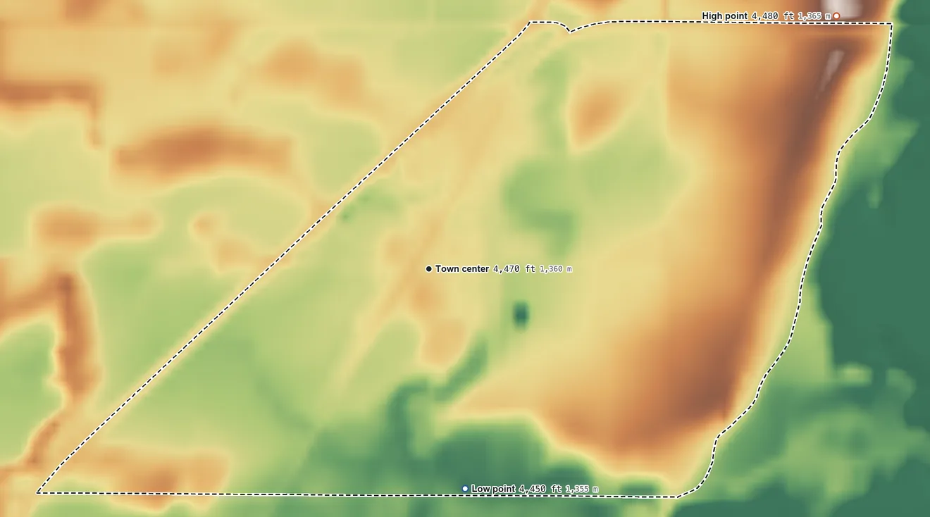 Topographic elevation map of Rockford, Idaho, shaded from 4,450 ft on the south side to 4,480 ft on the northeast side