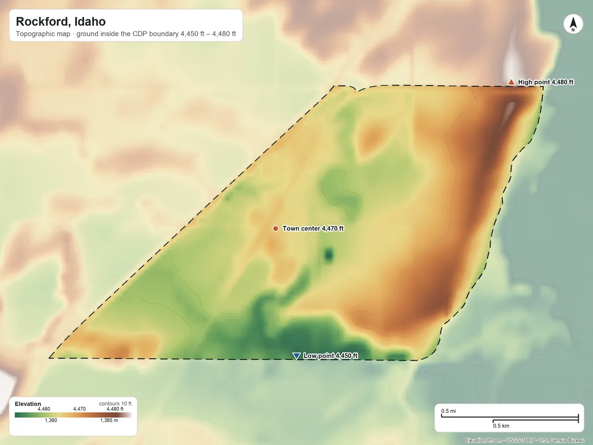Topographic elevation map of Rockford, Idaho, shaded from 4,450 ft on the south side to 4,480 ft on the northeast side