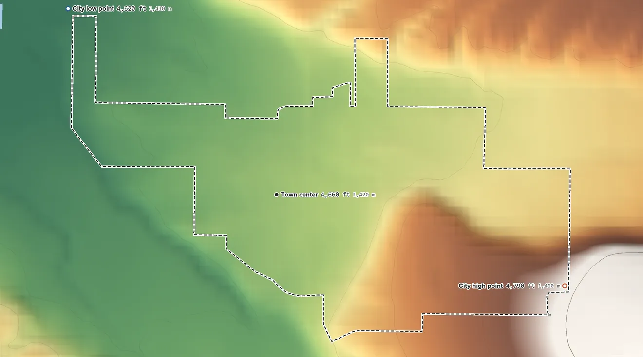 Topographic elevation map of Rockland, Idaho, shaded from 4,620 ft on the northwest side to 4,790 ft on the east side
