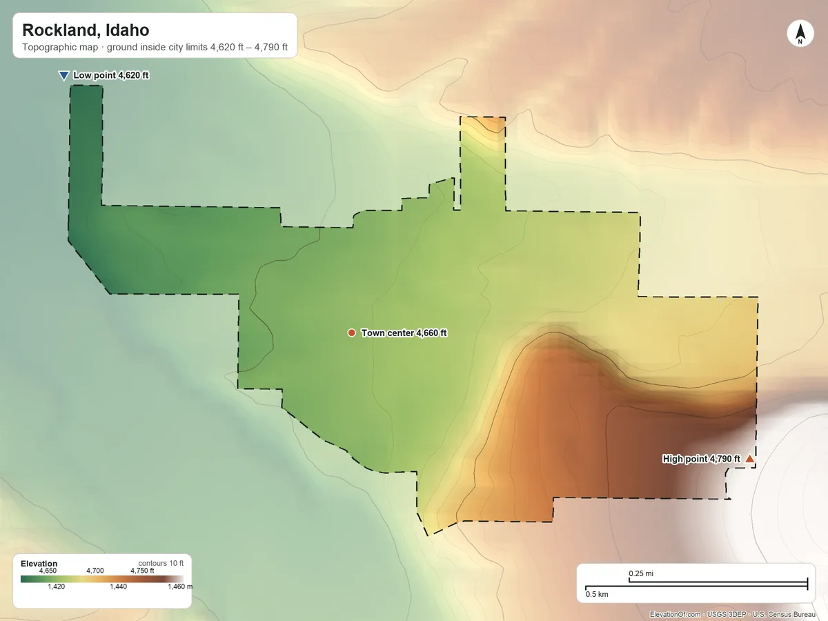 Topographic elevation map of Rockland, Idaho, shaded from 4,620 ft on the northwest side to 4,790 ft on the east side