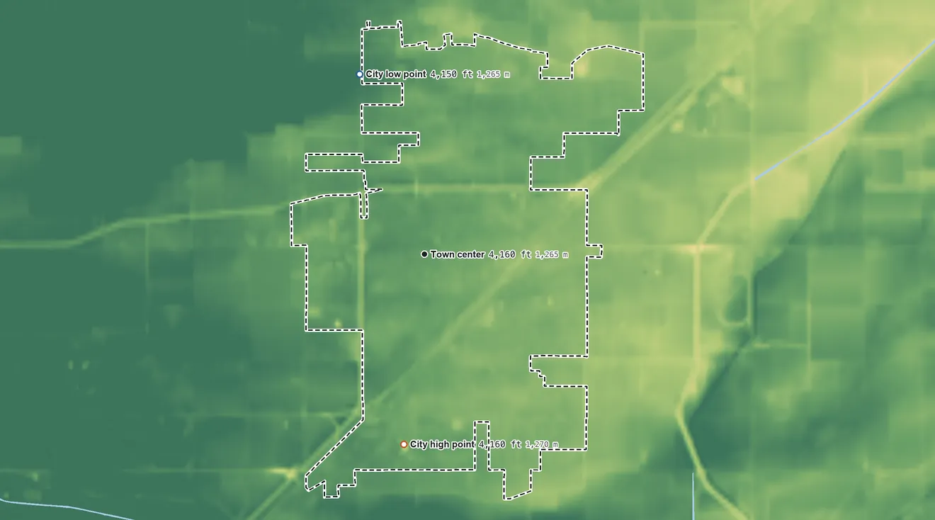 Topographic elevation map of Rupert, Idaho, shaded from 4,150 ft on the north side to 4,160 ft on the south side