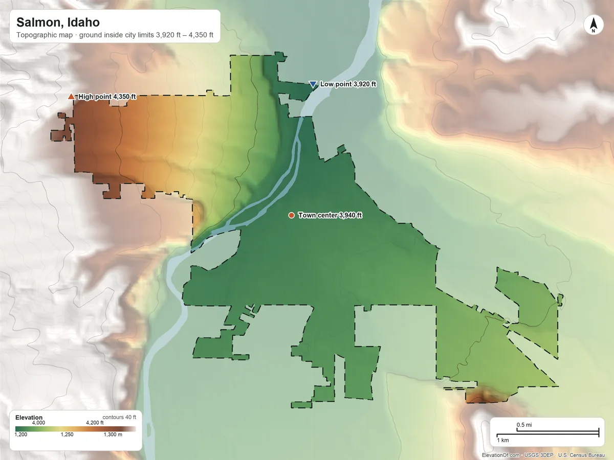 Topographic elevation map of Salmon, Idaho, shaded from 3,920 ft on the north side to 4,350 ft on the northwest edge, below higher ground just outside