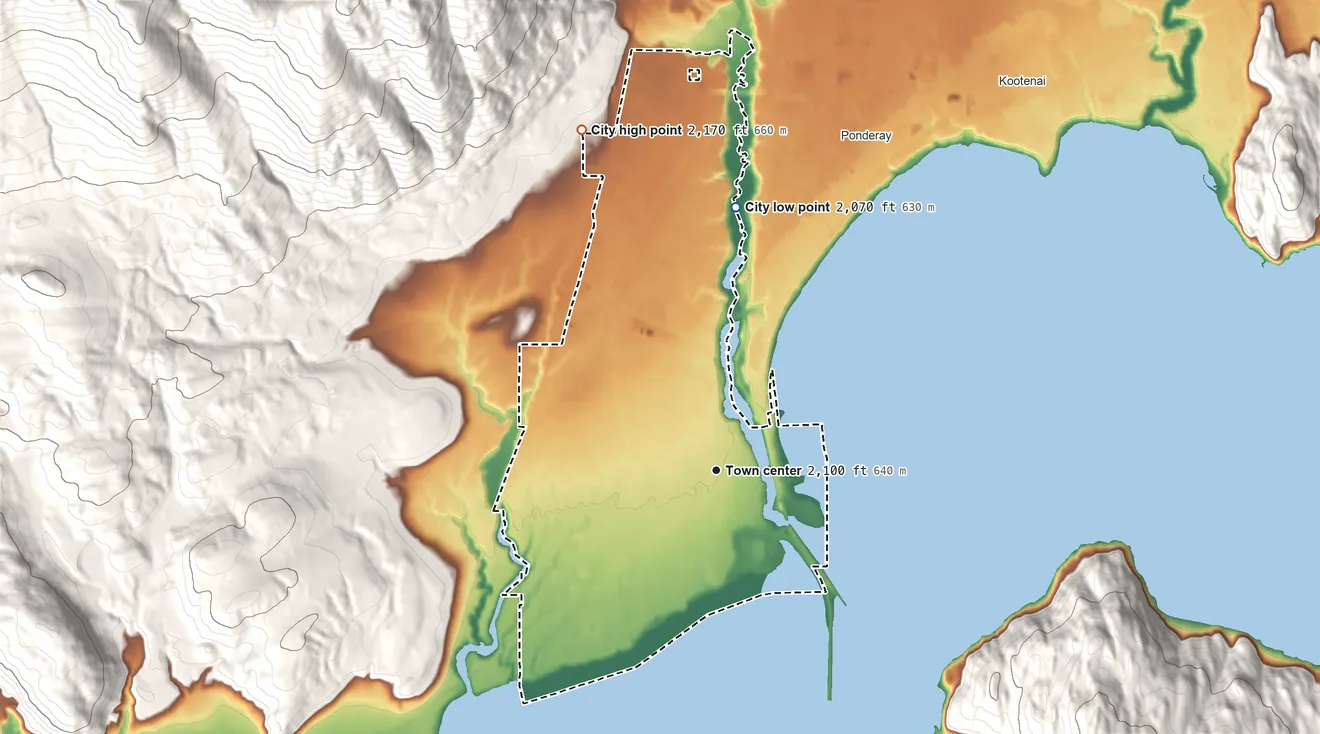Topographic elevation map of Sandpoint, Idaho, shaded from 2,070 ft on the north side to 2,170 ft on the north edge, below higher ground just outside