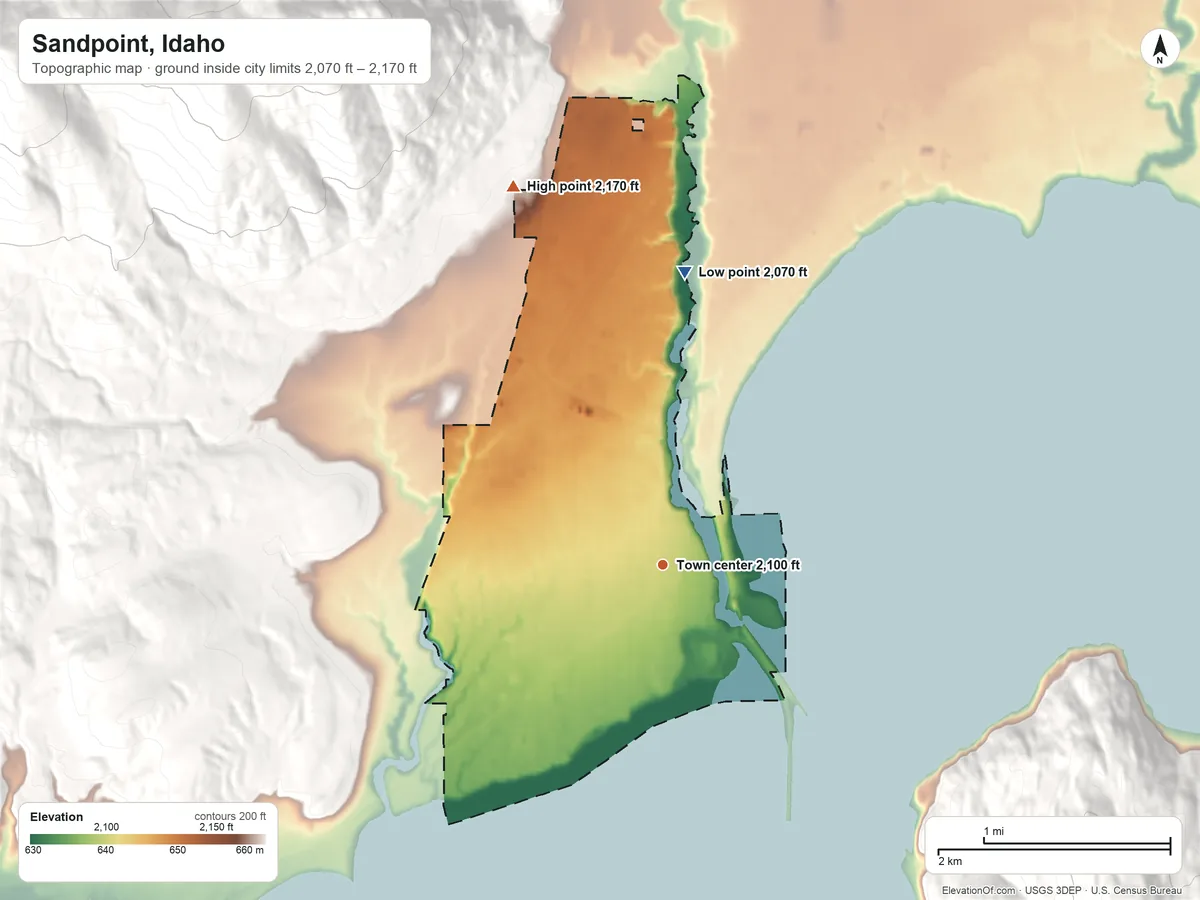 Topographic elevation map of Sandpoint, Idaho, shaded from 2,070 ft on the north side to 2,170 ft on the north edge, below higher ground just outside