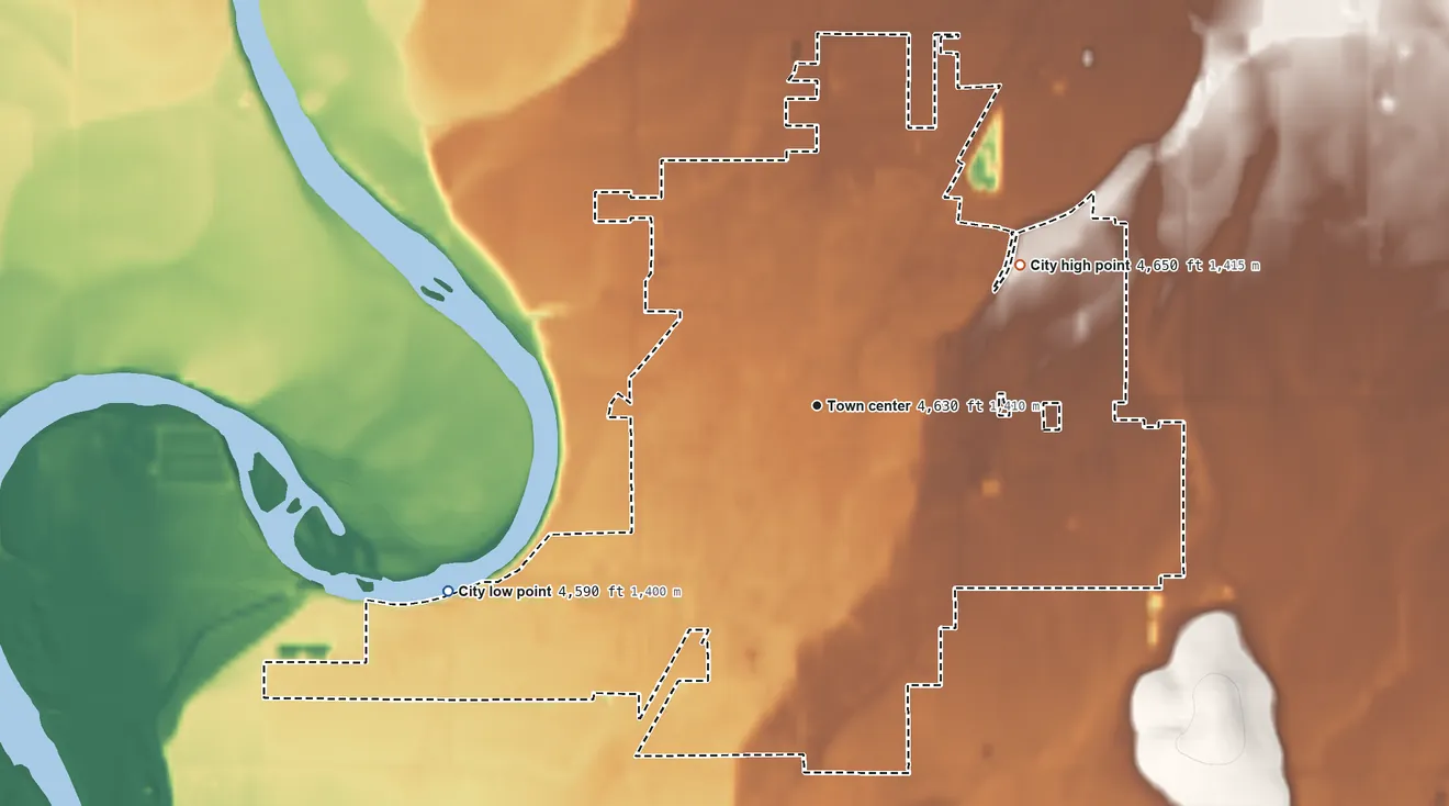 Topographic elevation map of Shelley, Idaho, shaded from 4,590 ft on the southwest side to 4,650 ft on the northeast side