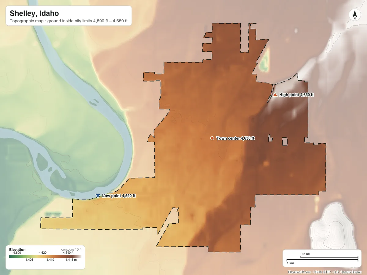 Topographic elevation map of Shelley, Idaho, shaded from 4,590 ft on the southwest side to 4,650 ft on the northeast side