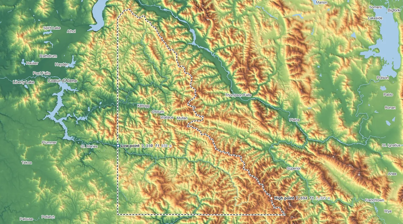 Topographic elevation map of Shoshone County, Idaho, shaded from 2,130 ft on the west side to 7,694 ft on Illinois Peak