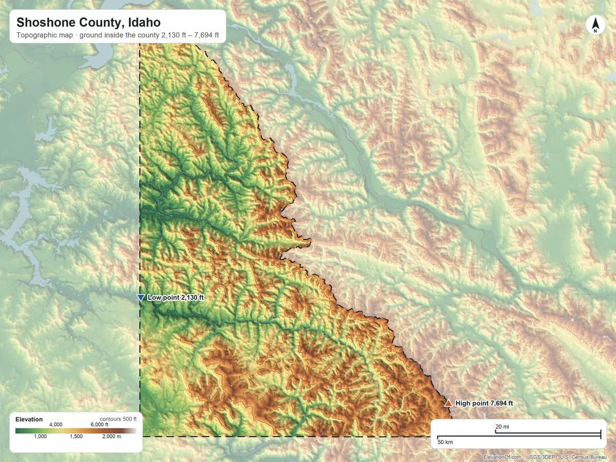 Topographic elevation map of Shoshone County, Idaho, shaded from 2,130 ft on the west side to 7,694 ft on Illinois Peak