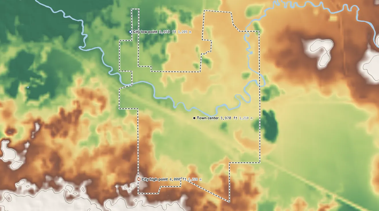 Topographic elevation map of Shoshone, Idaho, shaded from 3,950 ft on the northwest side to 4,000 ft on the southwest side