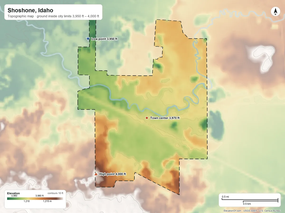 Topographic elevation map of Shoshone, Idaho, shaded from 3,950 ft on the northwest side to 4,000 ft on the southwest side