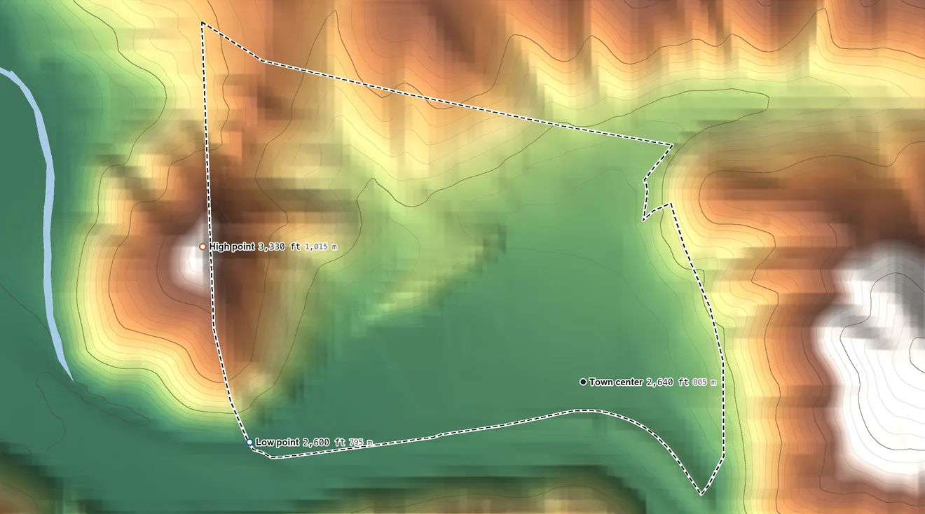 Topographic elevation map of Silverton, Idaho, shaded from 2,600 ft on the west side to 3,330 ft at the foot of the St. Joe Mountains
