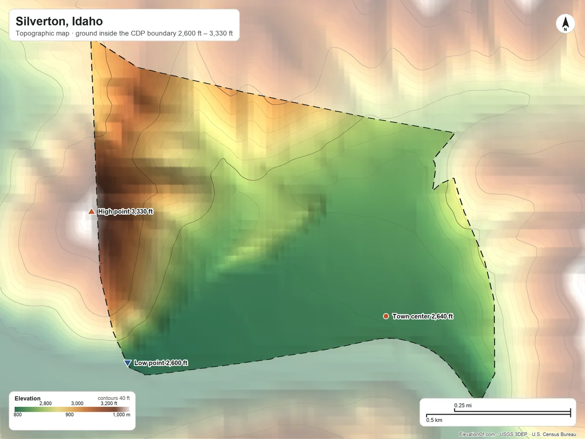 Topographic elevation map of Silverton, Idaho, shaded from 2,600 ft on the west side to 3,330 ft at the foot of the St. Joe Mountains