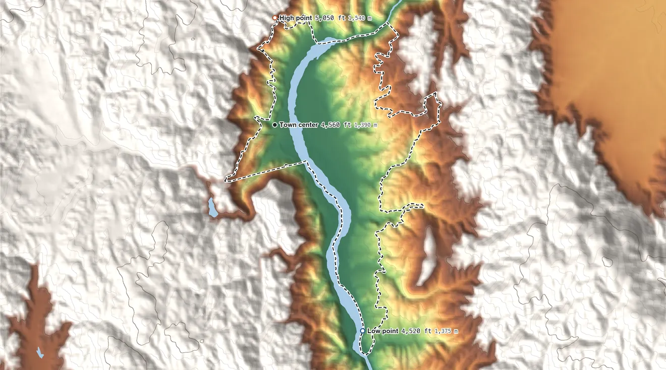 Topographic elevation map of Smiths Ferry, Idaho, shaded from 4,520 ft on the southeast side to 5,050 ft at the foot of the West Mountains
