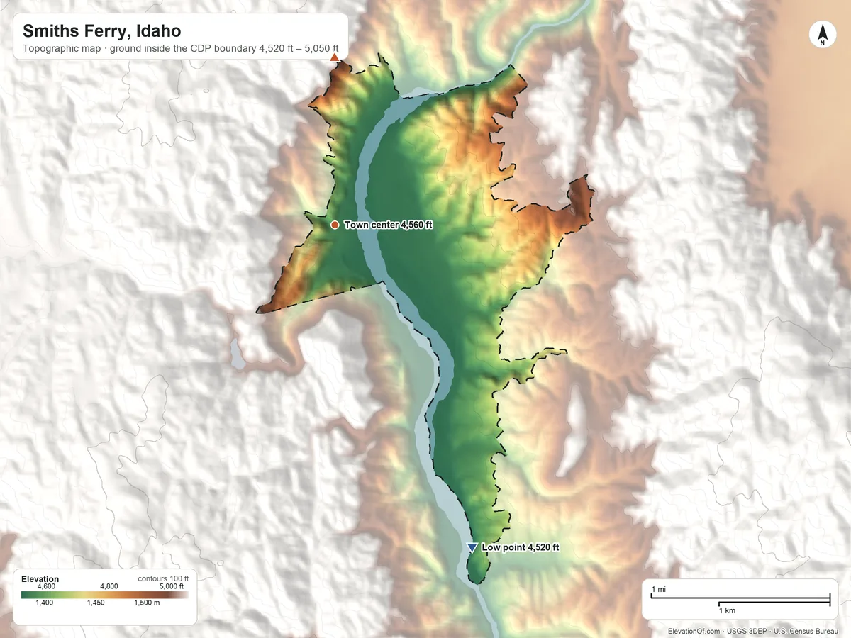 Topographic elevation map of Smiths Ferry, Idaho, shaded from 4,520 ft on the southeast side to 5,050 ft at the foot of the West Mountains