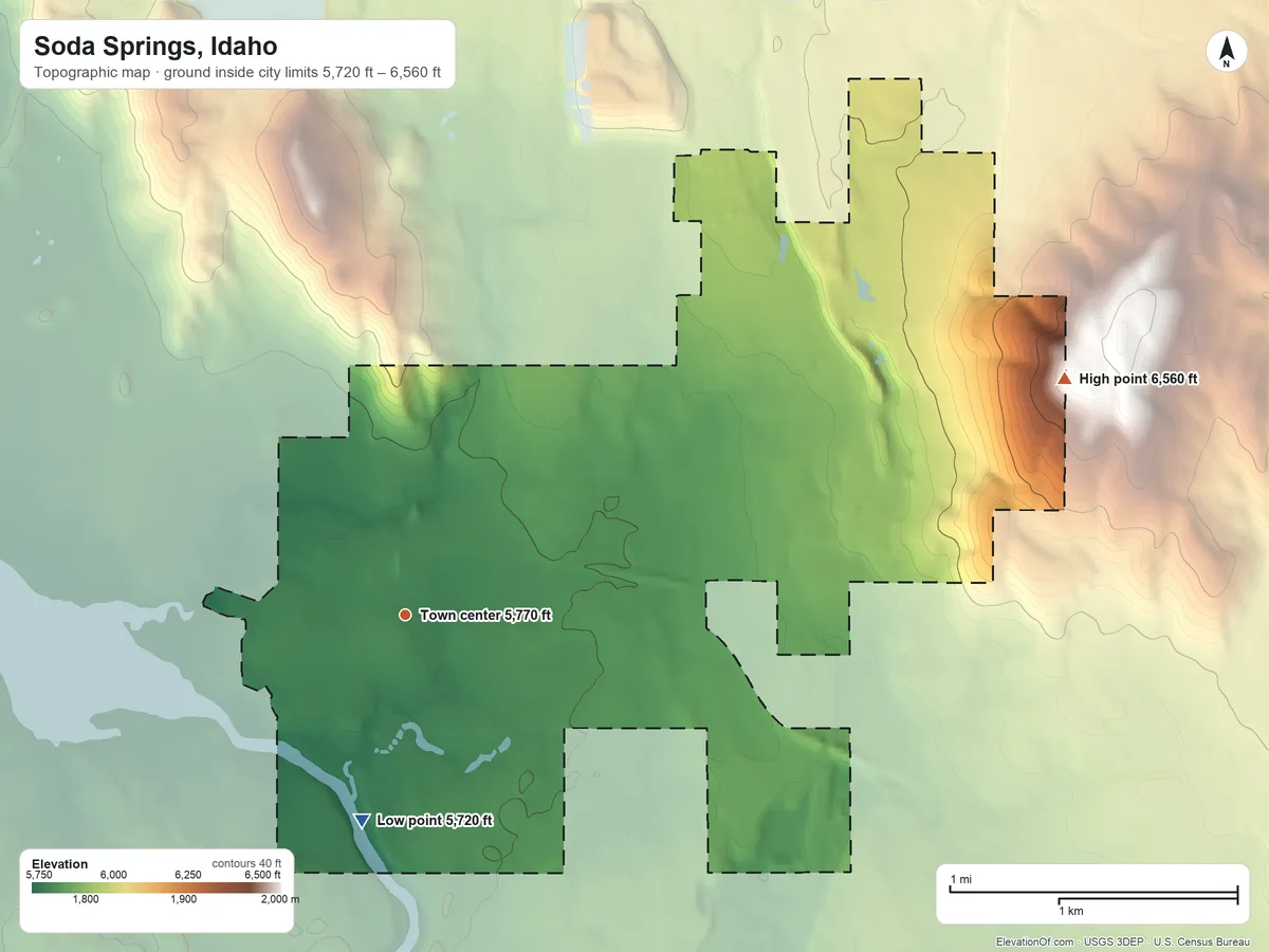 Topographic elevation map of Soda Springs, Idaho, shaded from 5,720 ft on the south side to 6,560 ft on the east side
