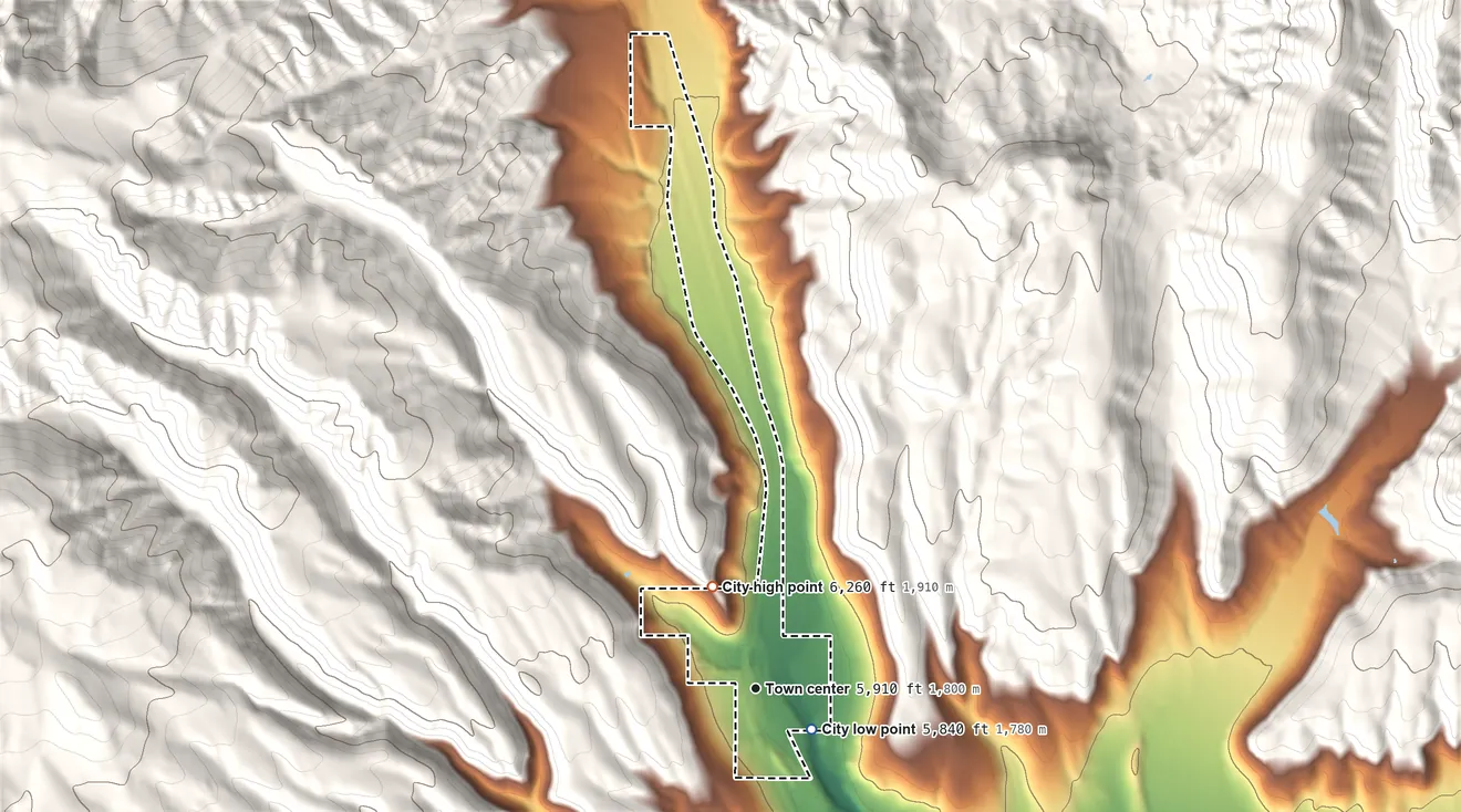 Topographic elevation map of Spencer, Idaho, shaded from 5,840 ft near the middle to 6,260 ft on the northwest edge, below higher ground just outside