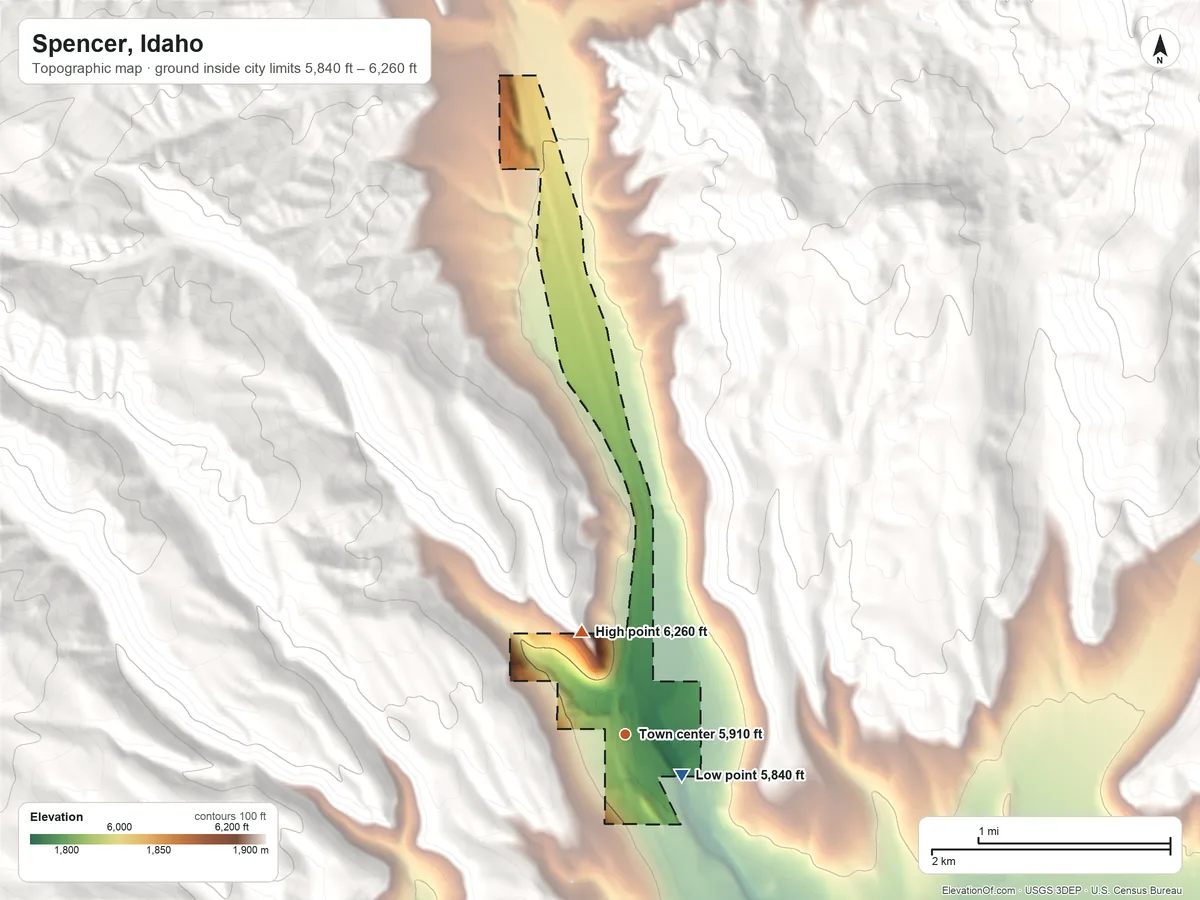 Topographic elevation map of Spencer, Idaho, shaded from 5,840 ft near the middle to 6,260 ft on the northwest edge, below higher ground just outside