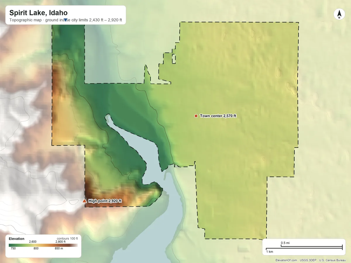 Topographic elevation map of Spirit Lake, Idaho, shaded from 2,430 ft on the northwest side to 2,920 ft on the southwest edge, below higher ground just outside