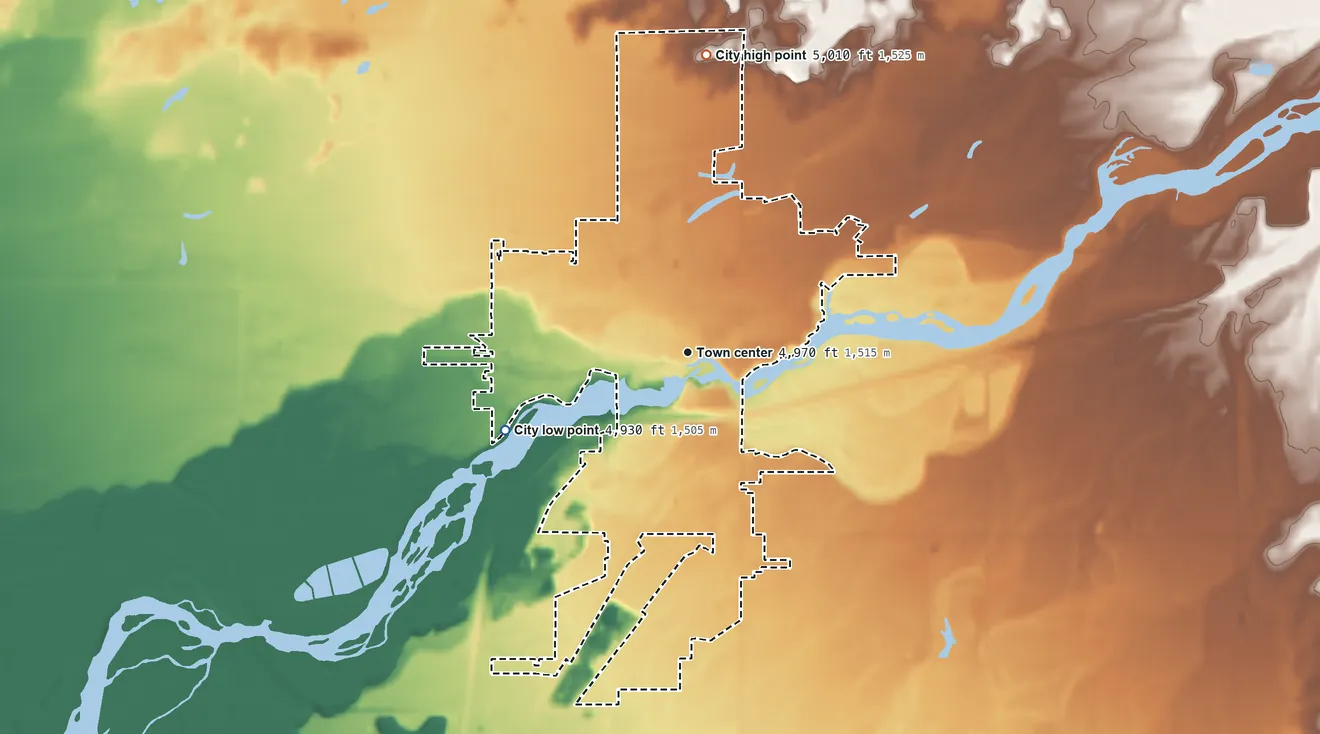 Topographic elevation map of St. Anthony, Idaho, shaded from 4,930 ft on the southwest side to 5,010 ft on the north side