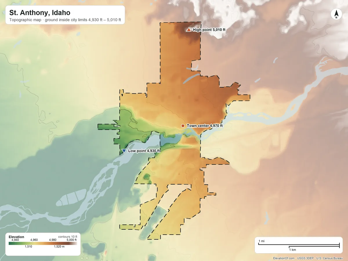 Topographic elevation map of St. Anthony, Idaho, shaded from 4,930 ft on the southwest side to 5,010 ft on the north side