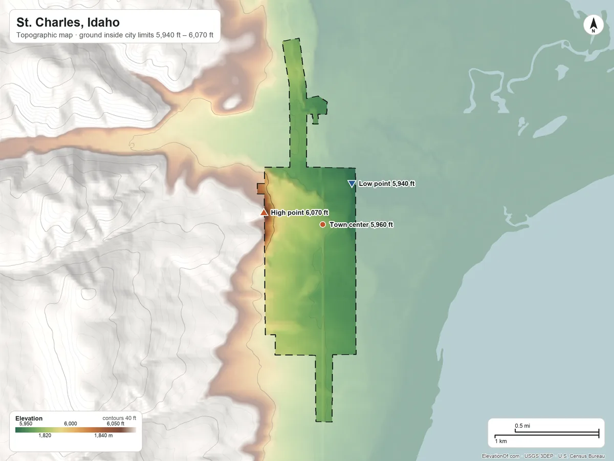 Topographic elevation map of St. Charles, Idaho, shaded from 5,940 ft on the northeast side to 6,070 ft on the west edge, below higher ground just outside