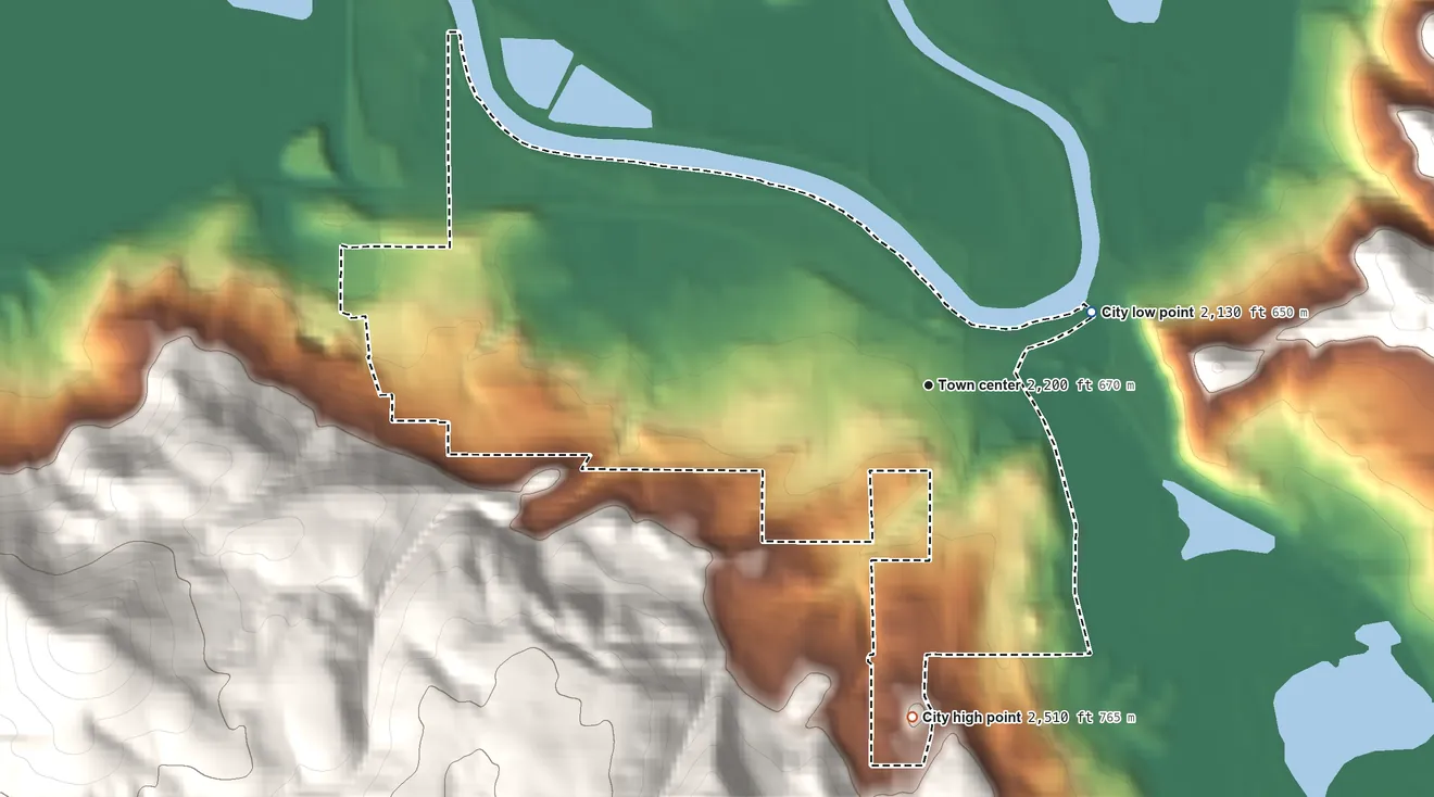 Topographic elevation map of St. Maries, Idaho, shaded from 2,130 ft on the northeast side to 2,510 ft on the south edge, below higher ground just outside