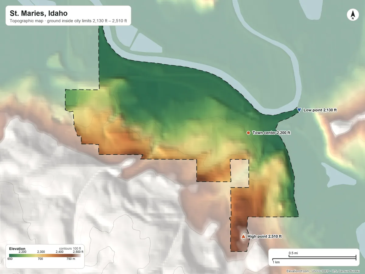 Topographic elevation map of St. Maries, Idaho, shaded from 2,130 ft on the northeast side to 2,510 ft on the south edge, below higher ground just outside