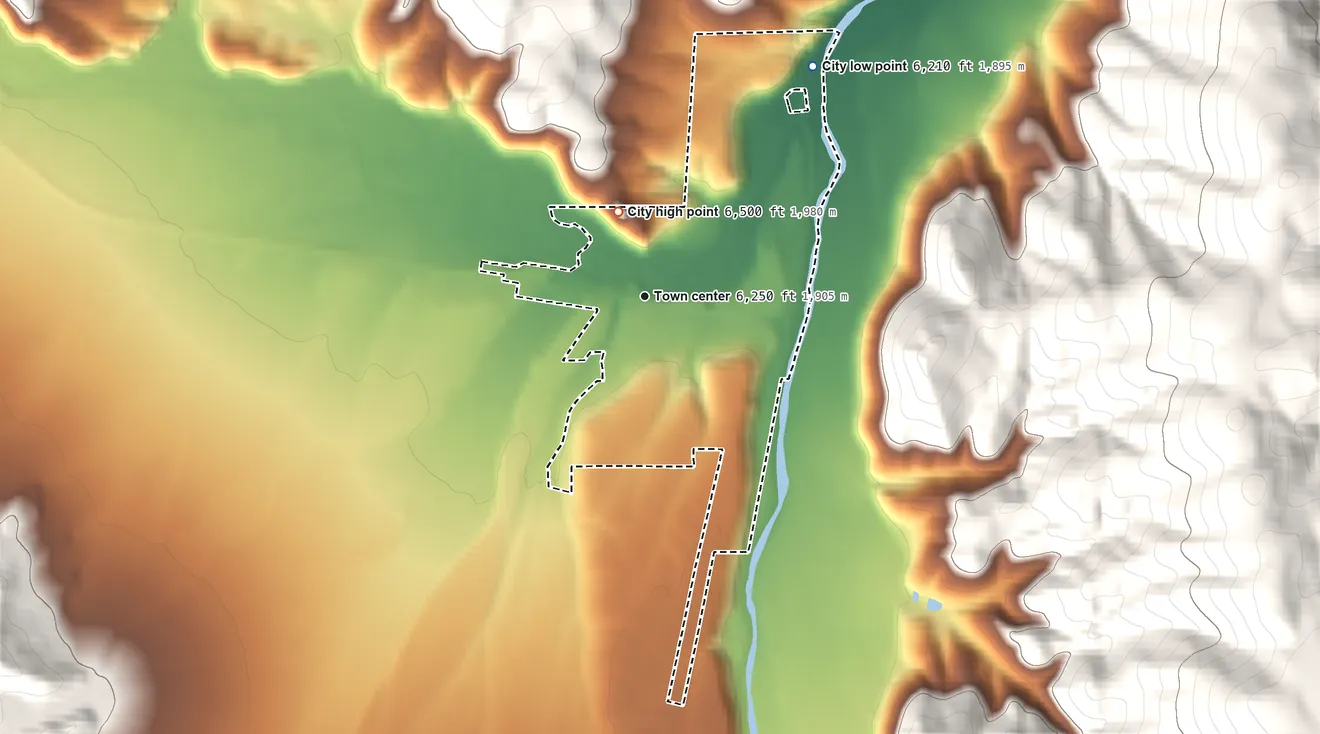 Topographic elevation map of Stanley, Idaho, shaded from 6,210 ft on the northeast side to 6,500 ft at the foot of the Sawtooth Range