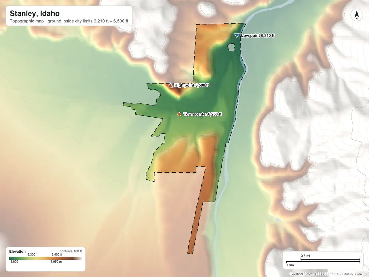 Topographic elevation map of Stanley, Idaho, shaded from 6,210 ft on the northeast side to 6,500 ft at the foot of the Sawtooth Range