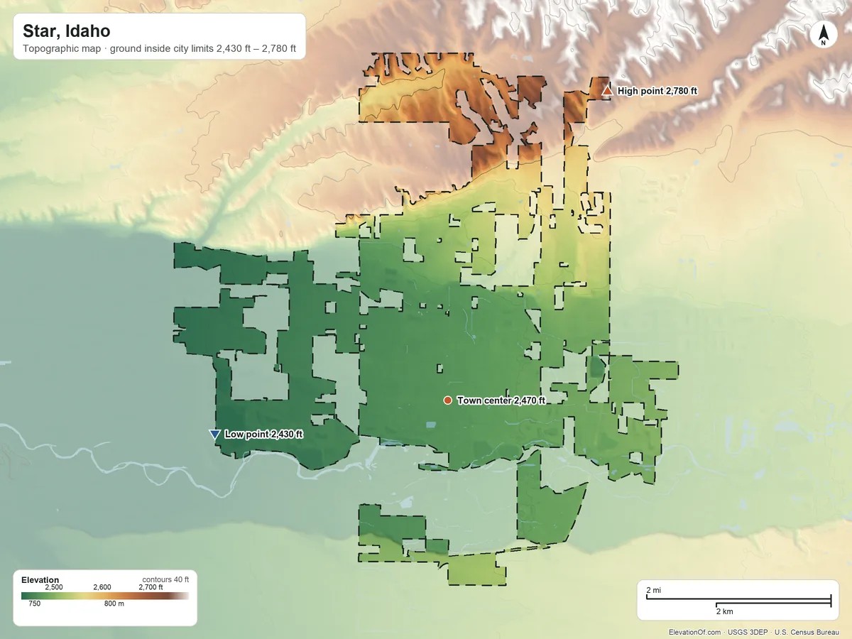 Topographic elevation map of Star, Idaho, shaded from 2,430 ft on the west side to 2,780 ft on the northeast side