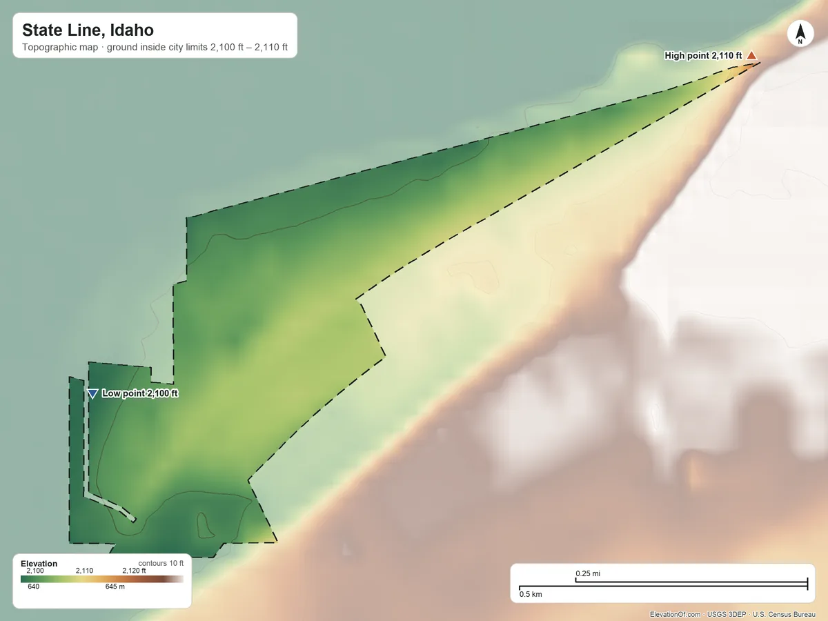 Topographic elevation map of State Line, Idaho, shaded from 2,100 ft on the southwest side to 2,110 ft on the northeast side