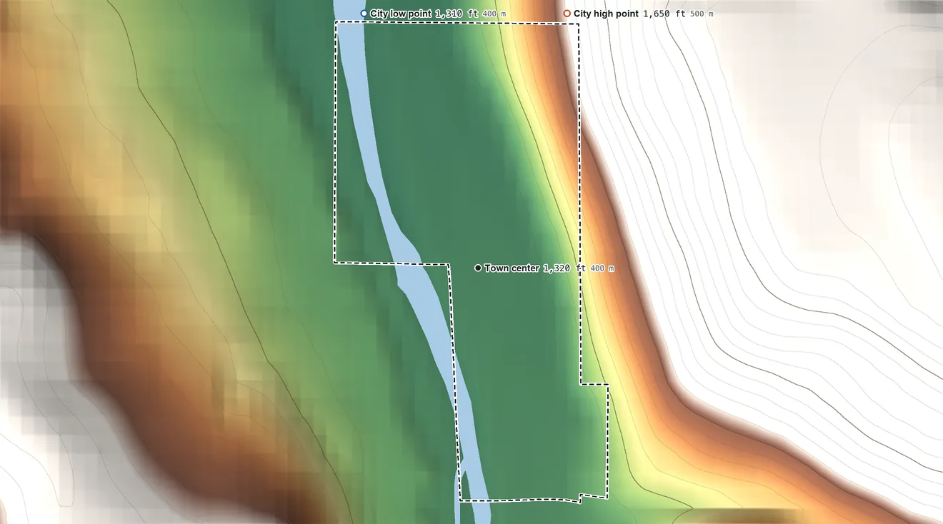 Topographic elevation map of Stites, Idaho, shaded from 1,310 ft on the northwest side to 1,650 ft on the north edge, below higher ground just outside