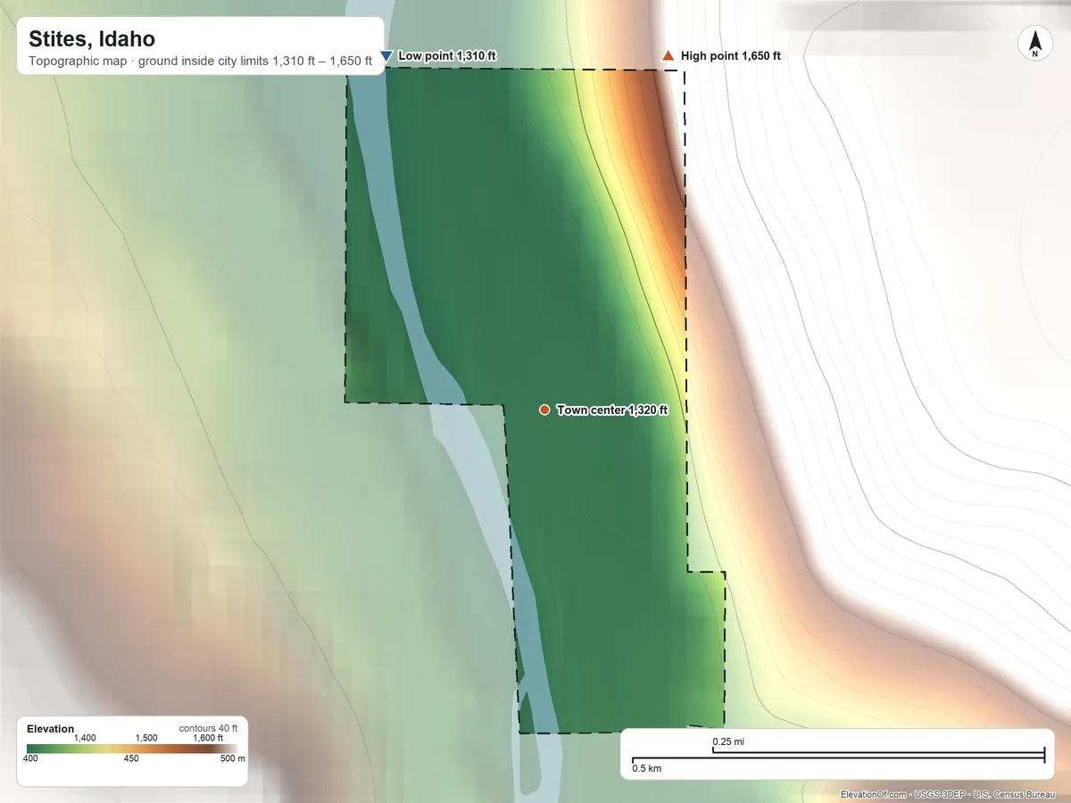 Topographic elevation map of Stites, Idaho, shaded from 1,310 ft on the northwest side to 1,650 ft on the north edge, below higher ground just outside